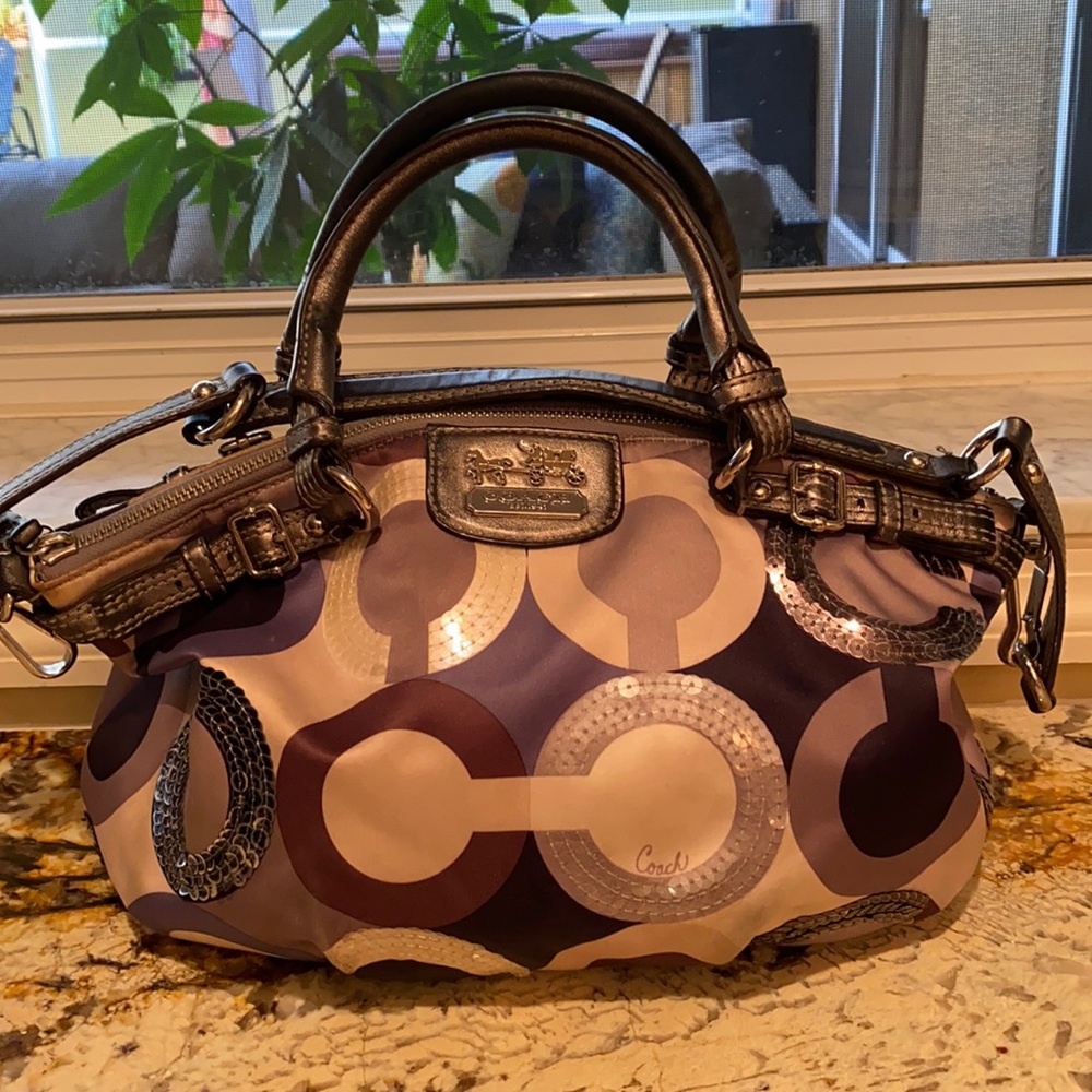 Satin Coach Bag with Sequin Accents & “C” pattern